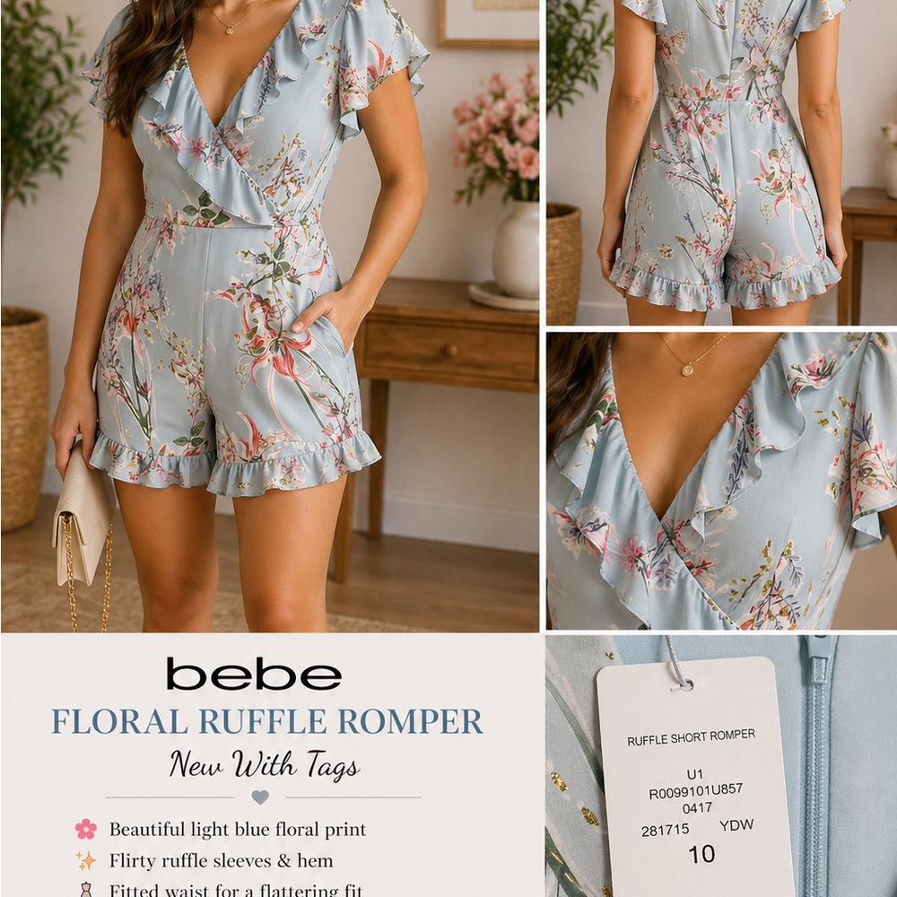 bebe Floral Ruffle Romper Blue Pink Size 10 NWT